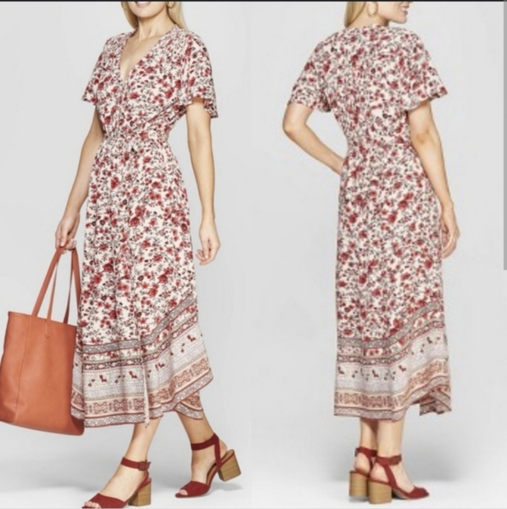 Knox Rose Bohemian Floral Print Midi‎ Dress Size Large